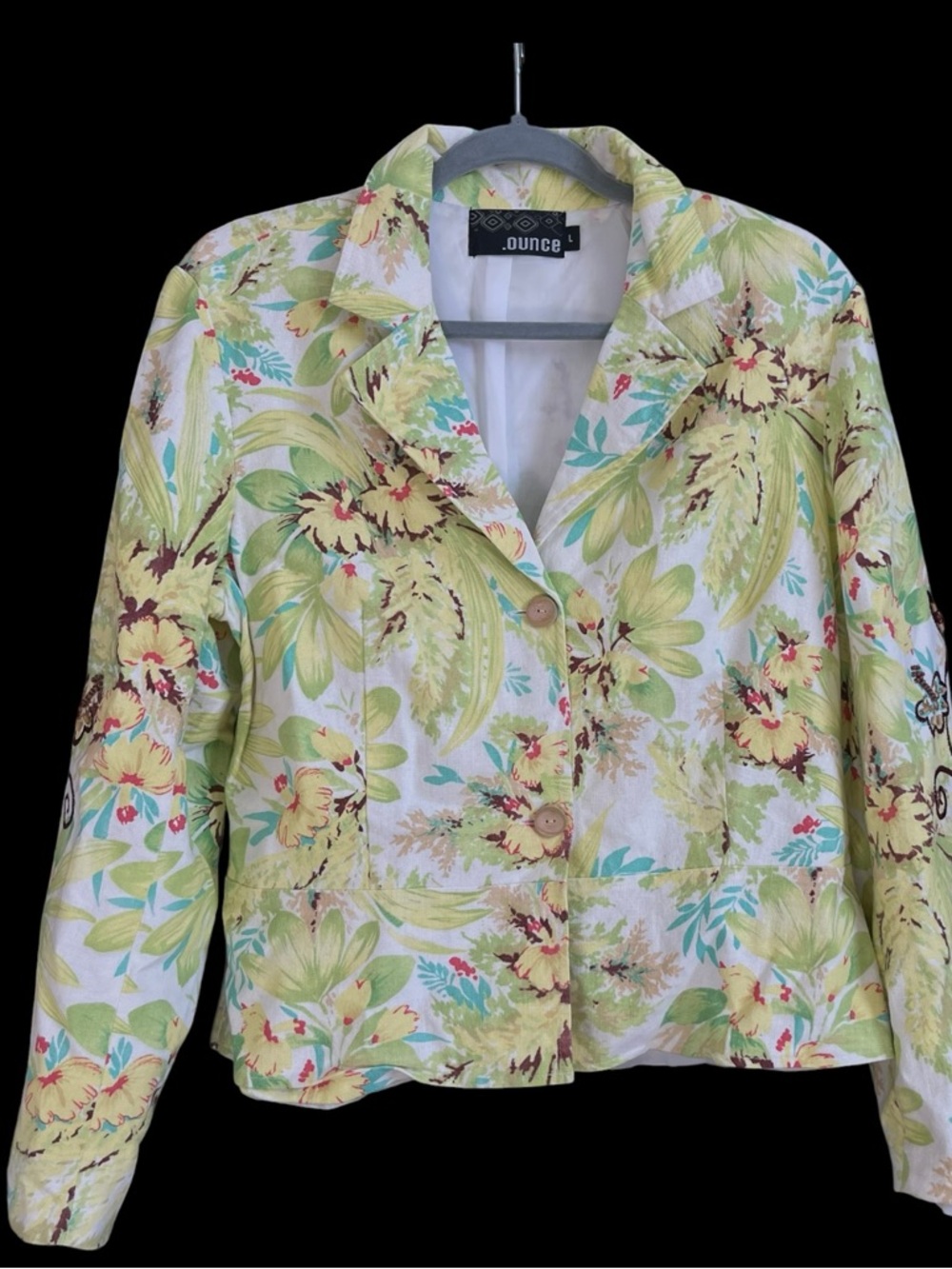 Linen Blend Floral Blazer Jacket Women L 60% Linen Boho Embroidered Sleeve
